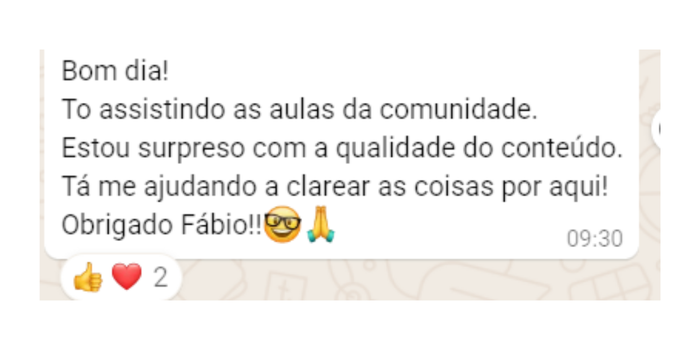 Depoimento sobre qualidade do conteúdo da Comunidade SalesMind