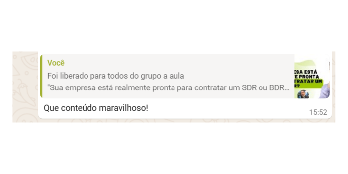 Depoimento sobre conteúdo liberado na Comunidade SalesMind