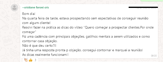 Depoimento sobre conteúdo liberado na Comunidade SalesMind